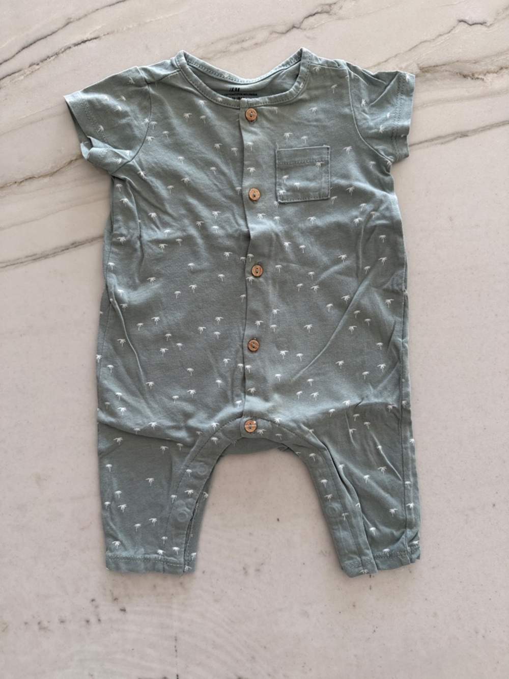 H&M Sage Green Baby Romper with Wooden Buttons